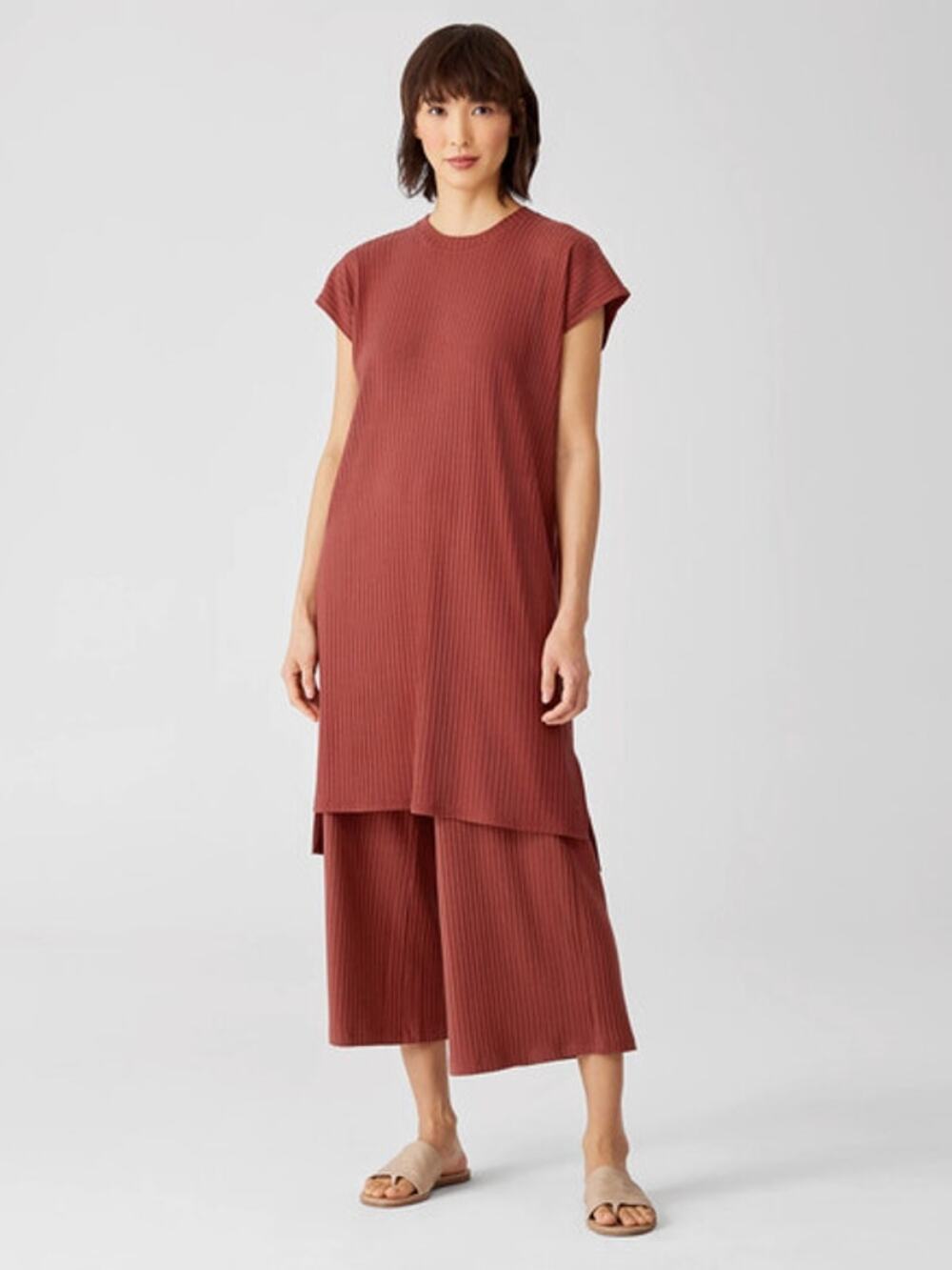Eileen Fisher Bateau Neck Tunic Top Textured Stretch Rib Terracotta LRG